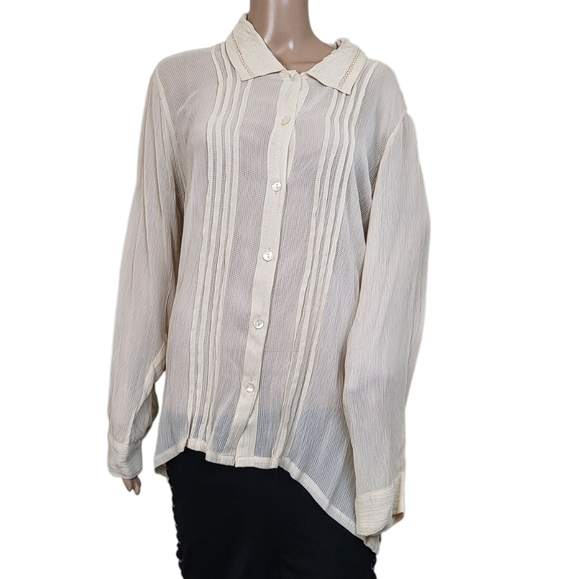 April Cornell Sheer Pintuck Beige Embroidered Button Down Blouse - Picture 1 of 4